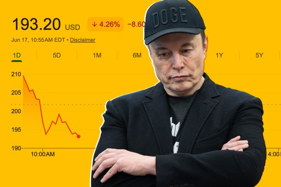 A composite photo illustration featuring Elon Musk next to a current screenshot of SpaceX's declining stock price.