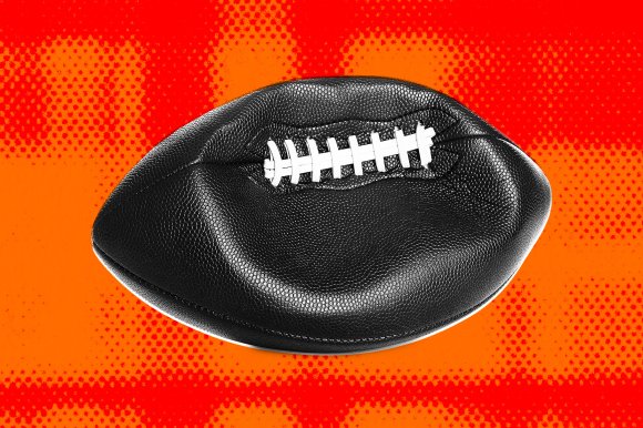 Illustration of a deflated football on a field of orange.