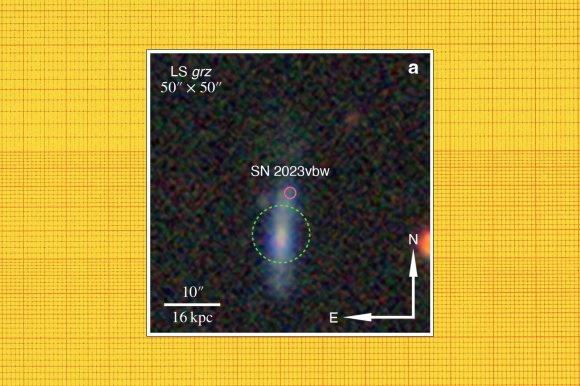 A photograph featuring the location of SN 2023vbw in the outskirts of its dwarf host galaxy. 