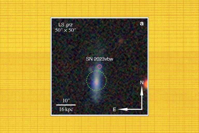 A photograph featuring the location of SN 2023vbw in the outskirts of its dwarf host galaxy. 