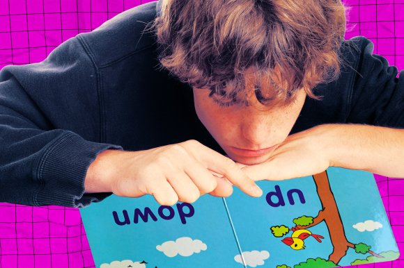 A composite photo illustration showing a high school aged boy reading a children's picture book.