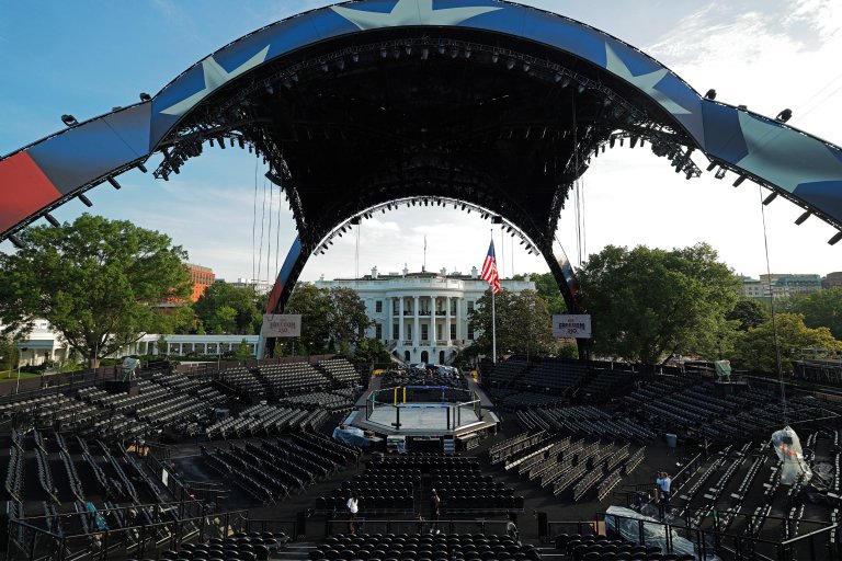 Construction continues on the Ultimate Fighting Championship (UFC) "Claw" and the octagon fighting ring on the South Lawn of the White House.