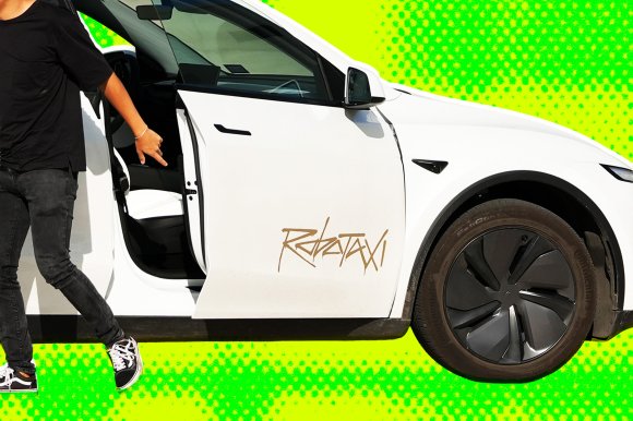 A photo illustration featuring a close-up of a man leaving a Tesla Robotaxi.