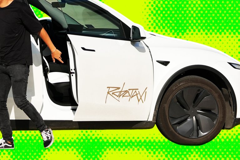 A photo illustration featuring a close-up of a man leaving a Tesla Robotaxi.