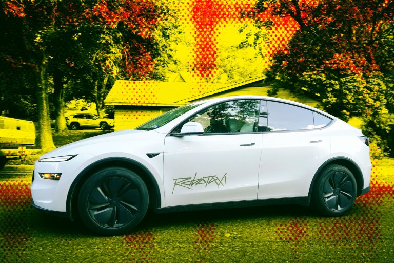 Stylized photo illustration featuring a Tesla Robotaxi.