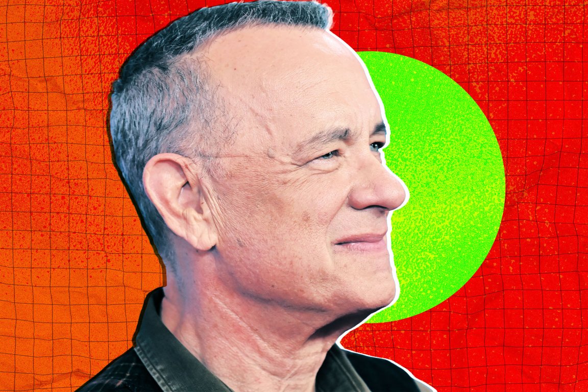 A graphic photo illustration featuring actor Tom Hanks at attending the premiere of Toy Story 5.