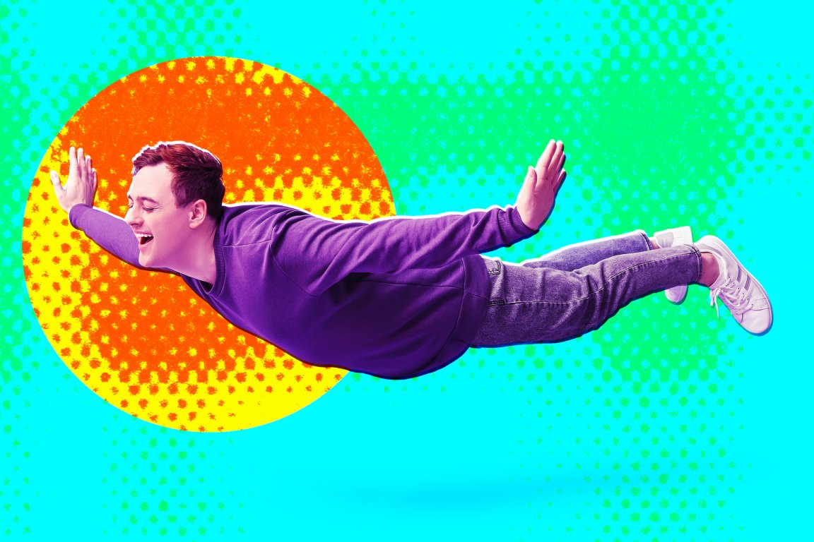 A photo illustration featuring a daydreaming man floating in his imagination.