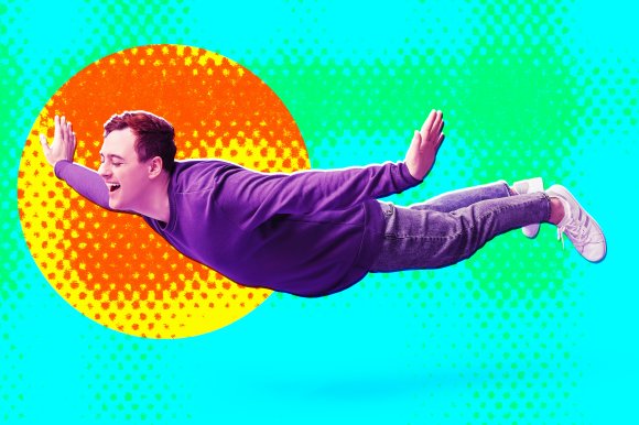 A photo illustration featuring a daydreaming man floating in his imagination.