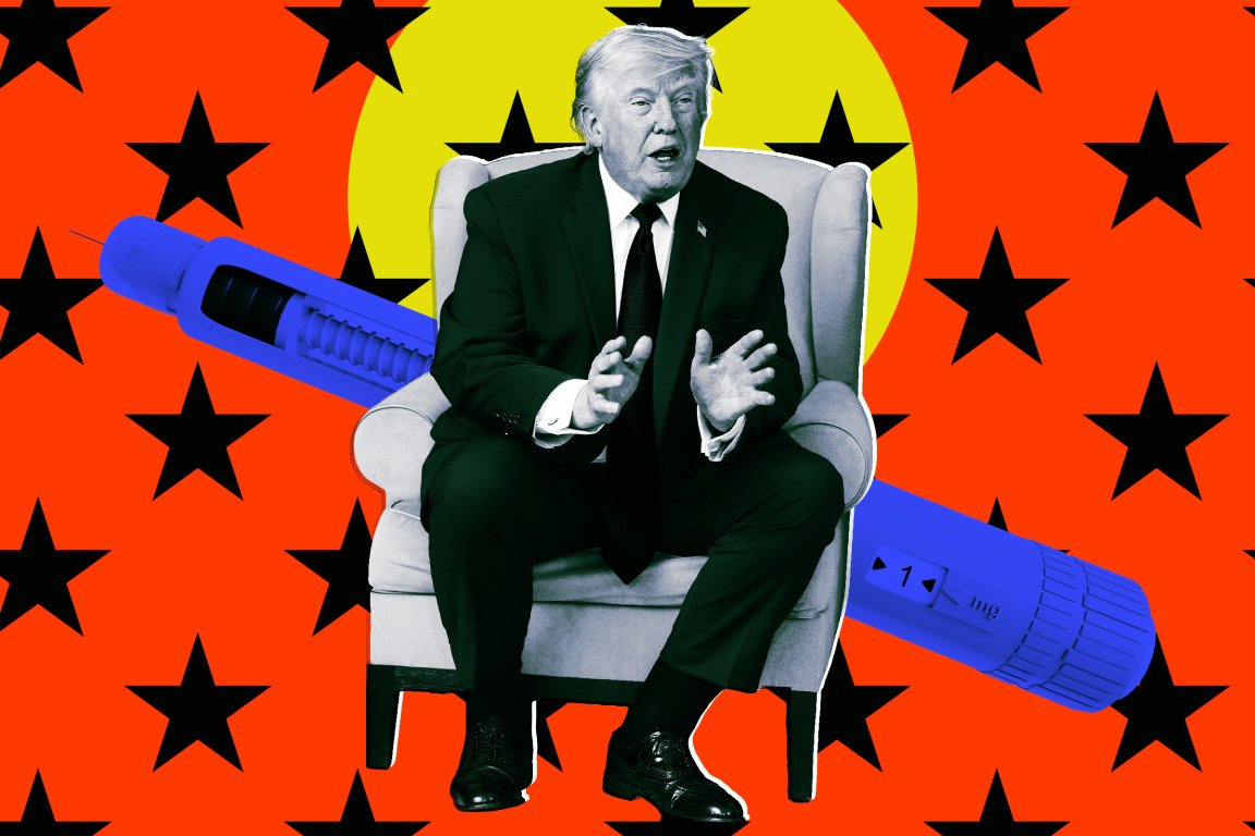 A photo illustration composite featuring a photo graph of U.S. President Donald Trump superimposed over a GLP-1 pen.