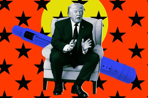 A photo illustration composite featuring a photo graph of U.S. President Donald Trump superimposed over a GLP-1 pen.