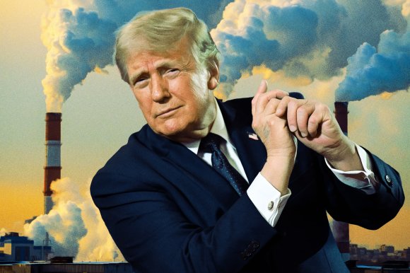An illustration featuring a photograph of President Donald Trump in front of several smoke stacks polluting the air, treated in the style of an oil painting.