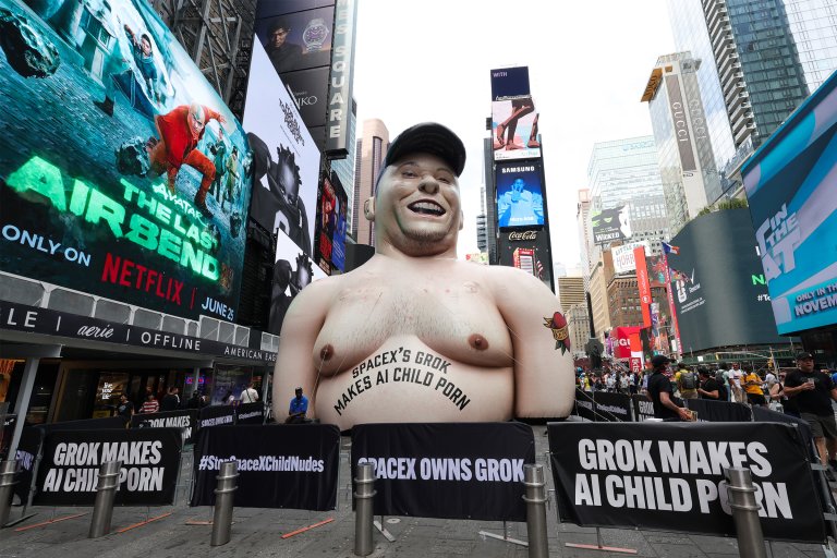 An inflatable statue with the likeness of Elon Musk in Times Square ahead of SpaceX's initial public offering.