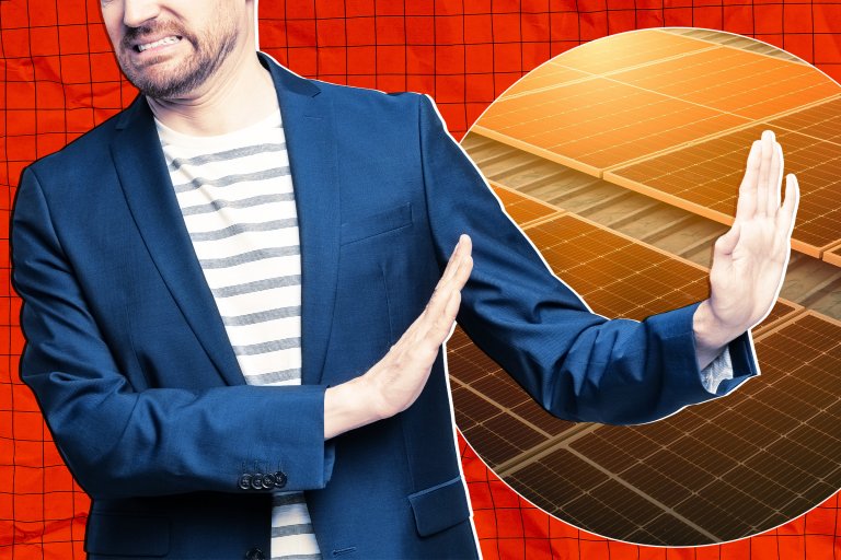 A composite photo illustration featuring a man in a suit grimacing and placing his hands outward in a gesture of rejection, superimposed in front of a photograph of solar panels reflecting the sun.