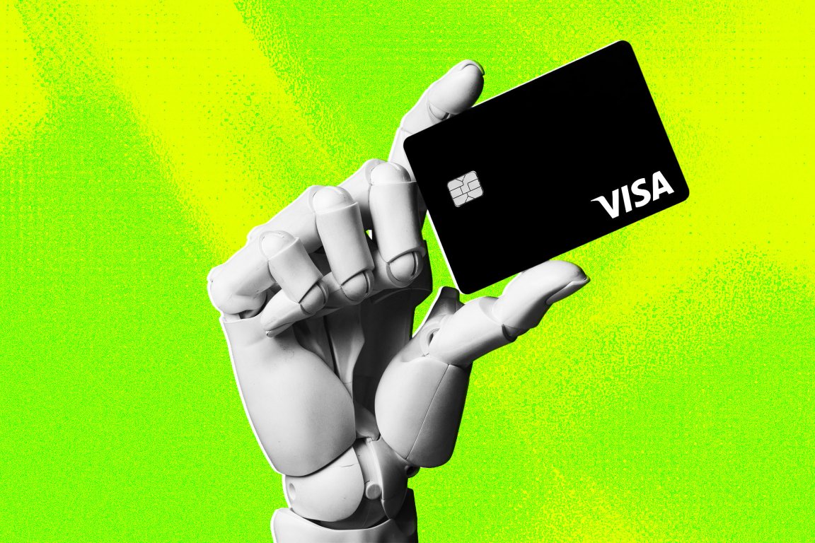 A white robotic hand holding a black Visa credit card against a bright green and yellow gradient background. The card features a chip and the Visa logo in white.