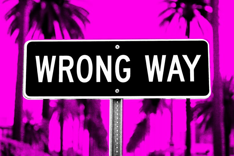 A color-treated graphic illustration of a "wrong way" sign in Los Angeles.