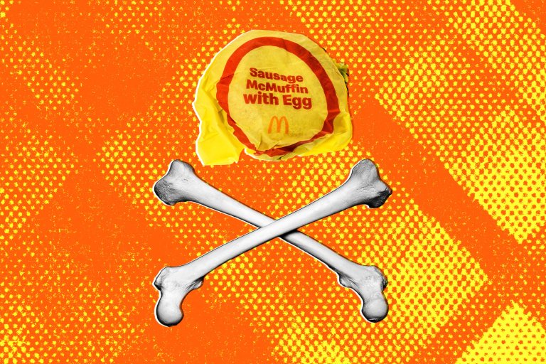 Comic photo illustration featuring a McDonald's Sausage Egg McMuffin replacing the skull over a pair of cross-bones.
