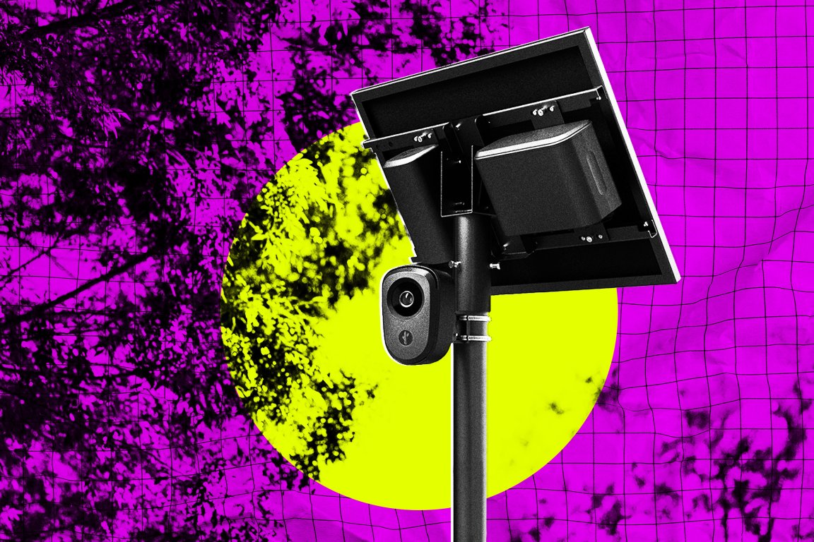 A stylized graphic treatment of a photograph featuring a Flock camera tower in an outdoor setting.