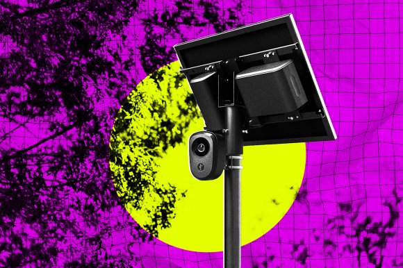 A stylized graphic treatment of a photograph featuring a Flock camera tower in an outdoor setting.