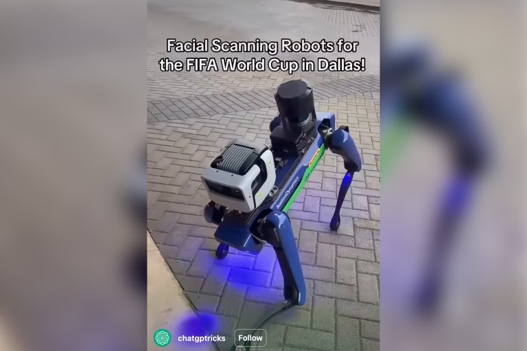 Screenshot of a purple and green Boston Dynamics Robotic Dog bowing toward the camera.