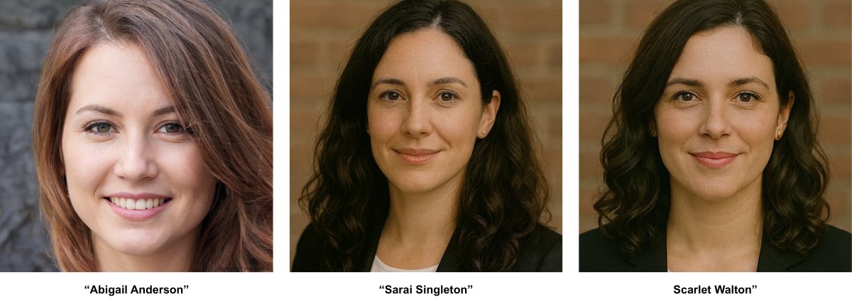 Three AI-generated headshots of fake PR agents identified as 