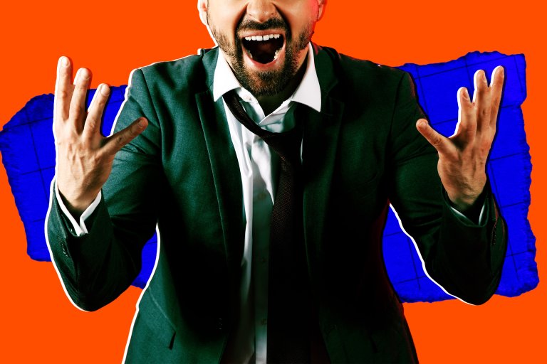 A photo illustration featuring a man in a business suit yelling in frustration.