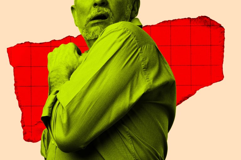 Photo illustration of a businessman turning away with his arms up in a gesture of defensiveness.