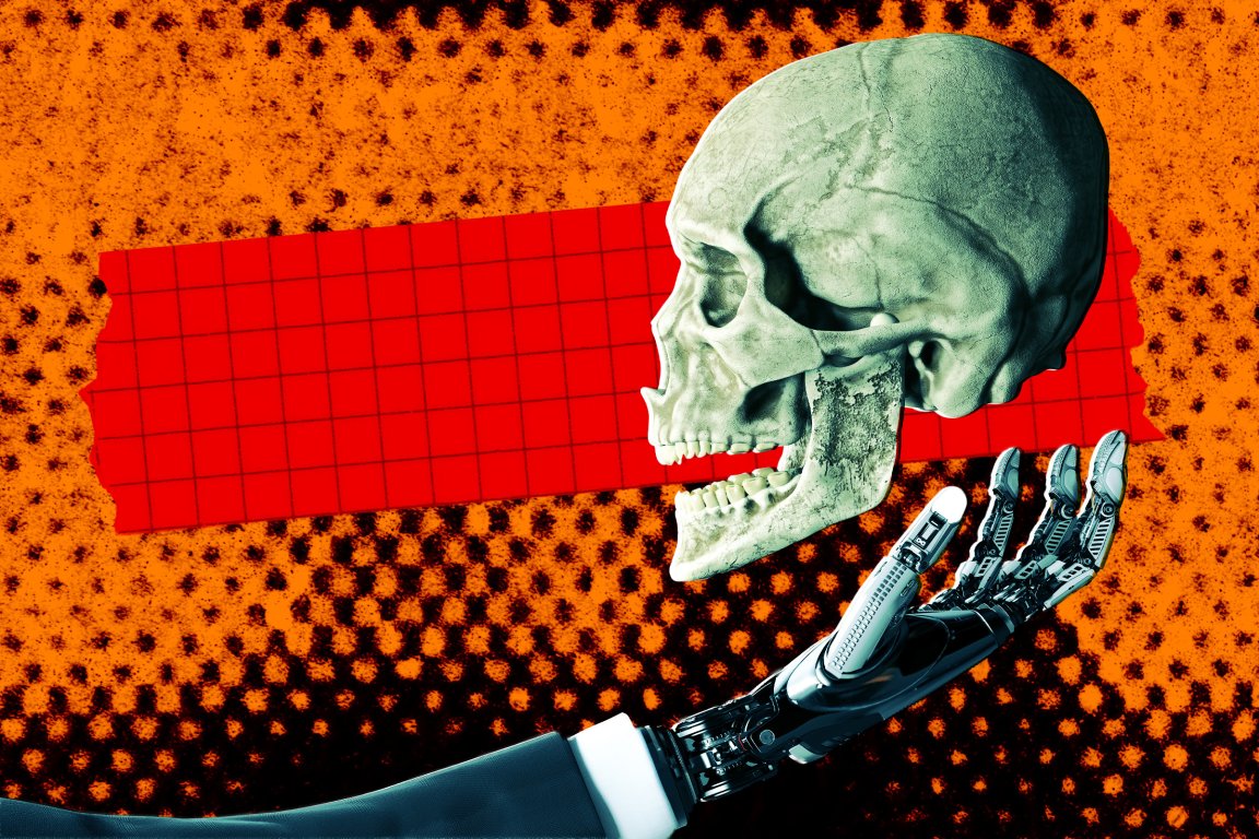 An illustration of a robotic hand extended with a human skull floating just above it.