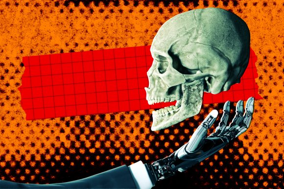 An illustration of a robotic hand extended with a human skull floating just above it.