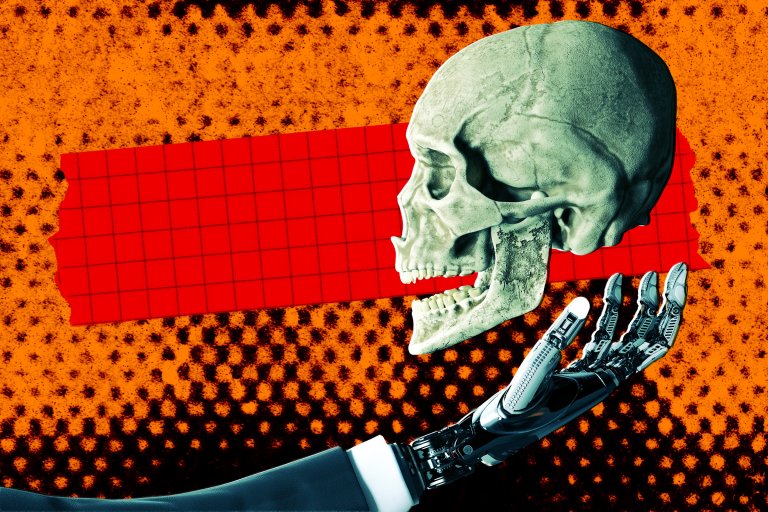 An illustration of a robotic hand extended with a human skull floating just above it.