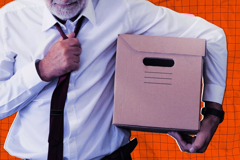 A photo illustration featuring an older man with a box of his belongings under one arm, the other loosening his tie, following a layoff.