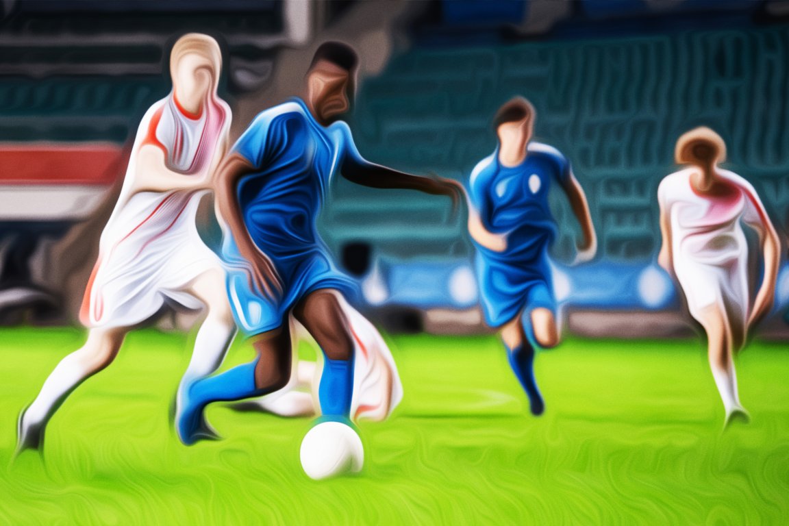 A photograph of soccer players on a field that has had a smoothing oil painting filter applied comically to such a degree that nothing appears to have any details, in imitation of early AI slop art.
