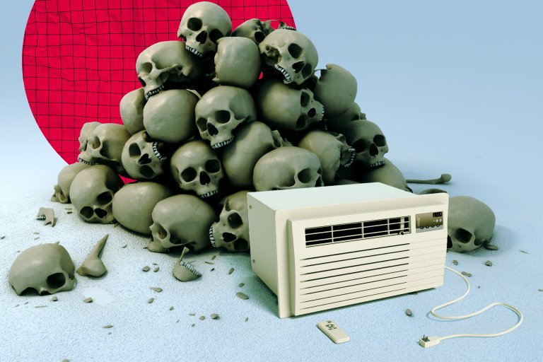 An illustration featuring a pile of skulls behind a window AC unit.