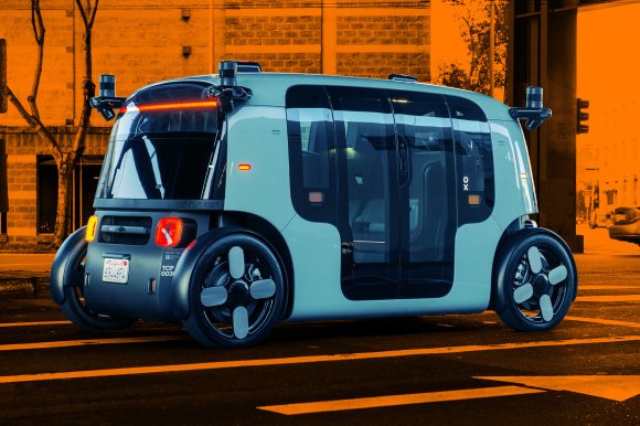 A photo illustration featuring a Zoox vehicle on a street.