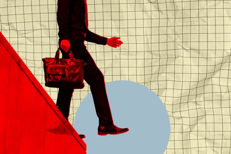 A photo illustration featuring a man stepping forward off the edge of a platform, unaware he is about to fall.