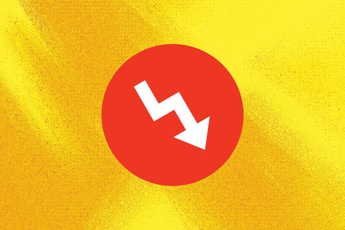 Grafik logo BuzzFeed yang dibalik sehingga panah yang biasanya mengarah ke atas kini mengarah ke bawah