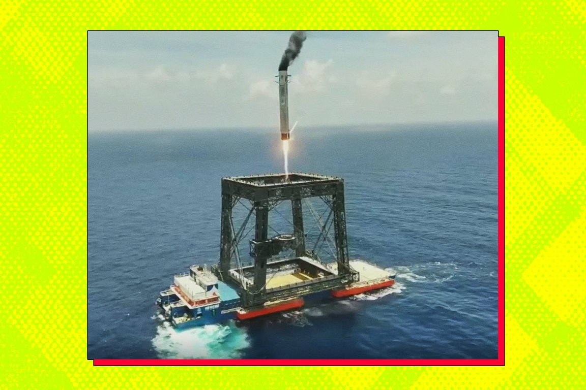 A screenshot of a rocket booster performing a successful recovery in China.