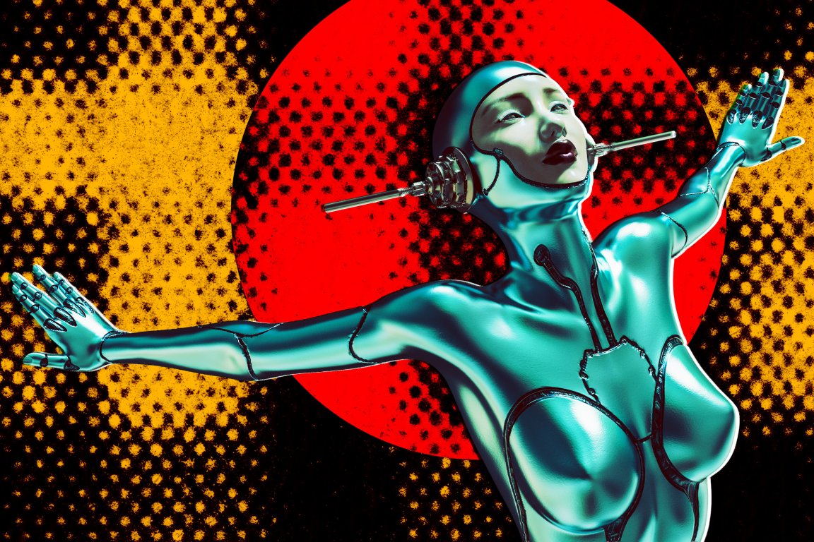 Ilustrasi robot AI perempuan dengan tangan terbuka