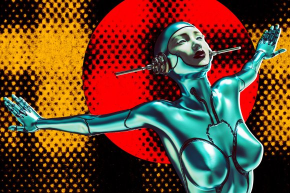A colorful illustration featuring a robotic AI woman with her arms outstretched.