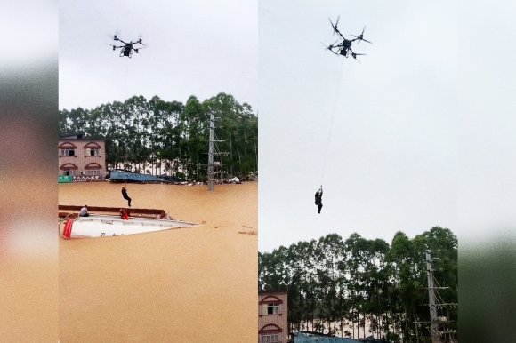 Two screenshots of a video depicting a man being airlifted by a drone from floodwaters.