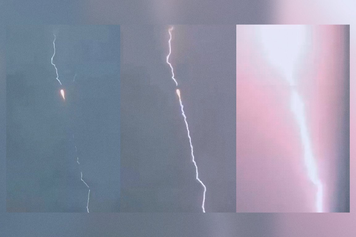 A series of stills from a video depicting the rocket in mid-air as lightning streaks towards and then through it.
