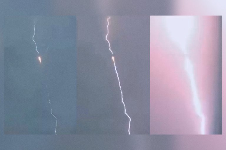 A series of stills from a video depicting the rocket in mid-air as lightning streaks towards and then through it.