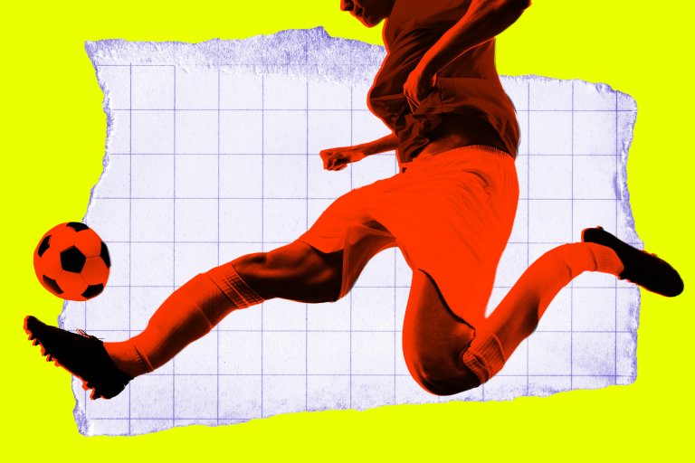 A photo illustration featuring a soccer player kicking a ball, deformed and liquified in a slightly hallucinatory fashion.
