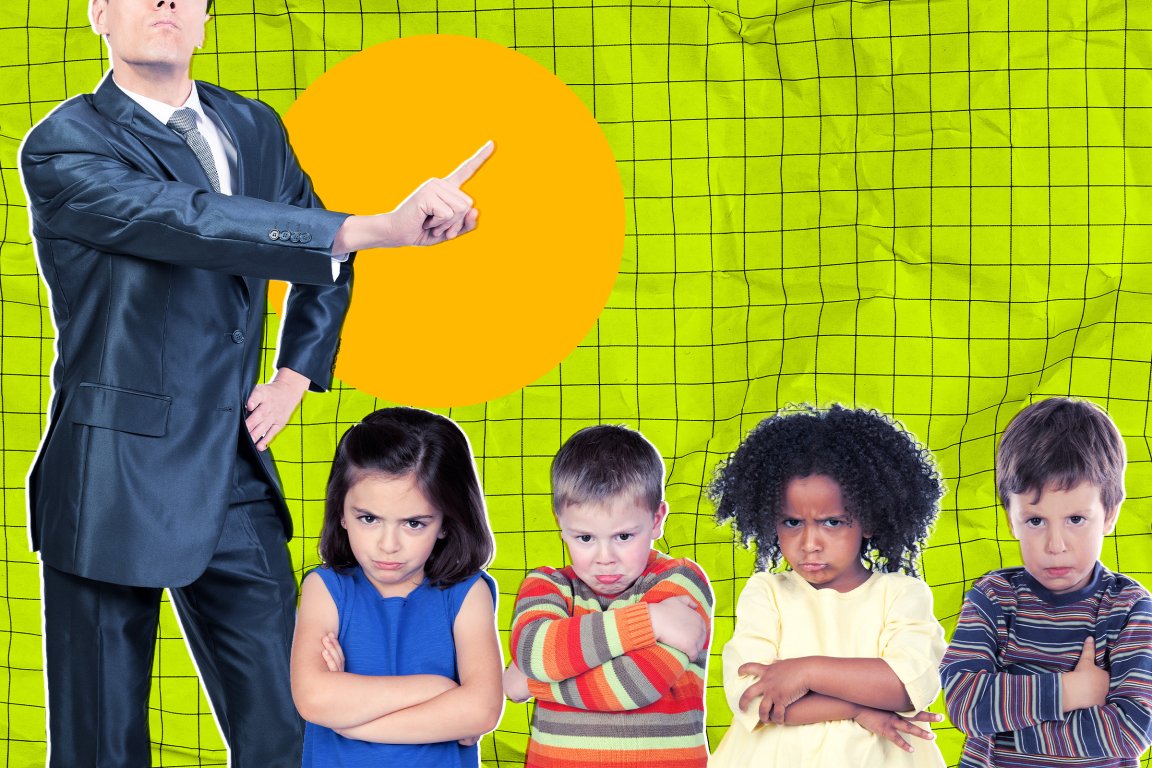 A composite photo illustration featuring a businessman with his hand on hip and the other wagging a finger at a group of sad schoolchildren.