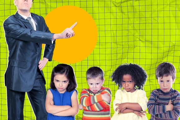 A composite photo illustration featuring a businessman with his hand on hip and the other wagging a finger at a group of sad schoolchildren.