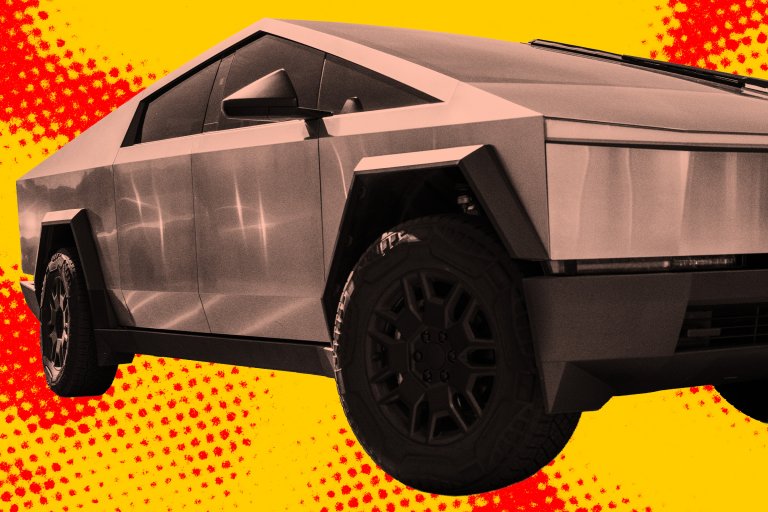 A stylized photo illustration featuring a Tesla Cybertruck.