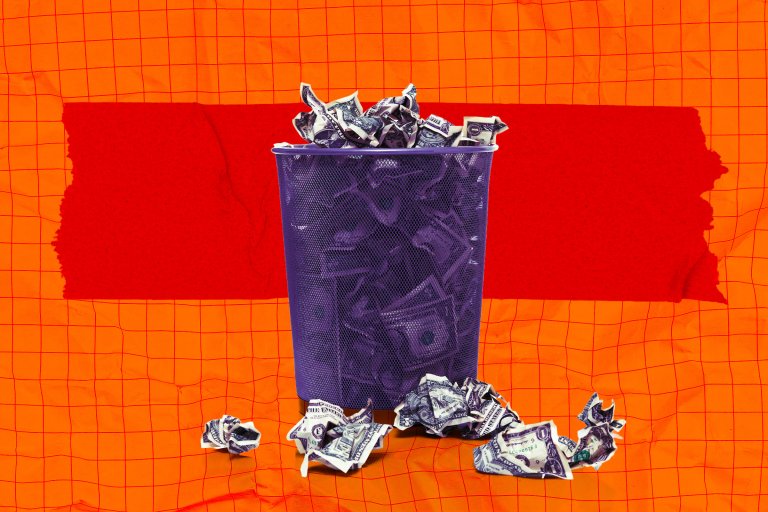 A photo illustration of a waste basket full of wadded up money.