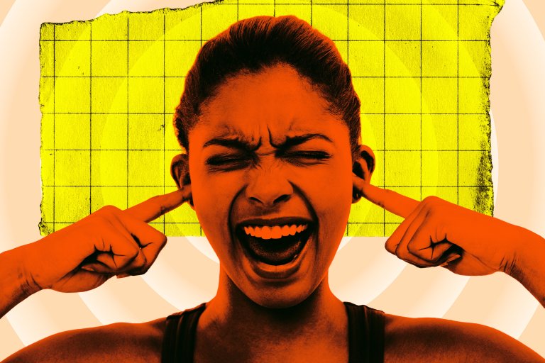 A colorful photo illustration of a woman with her fingers plugging her ears as she winces at a loud sound.