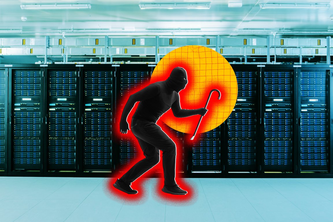 A comic composite photo illustration featuring a masked intruder with a crowbar inside a data center.