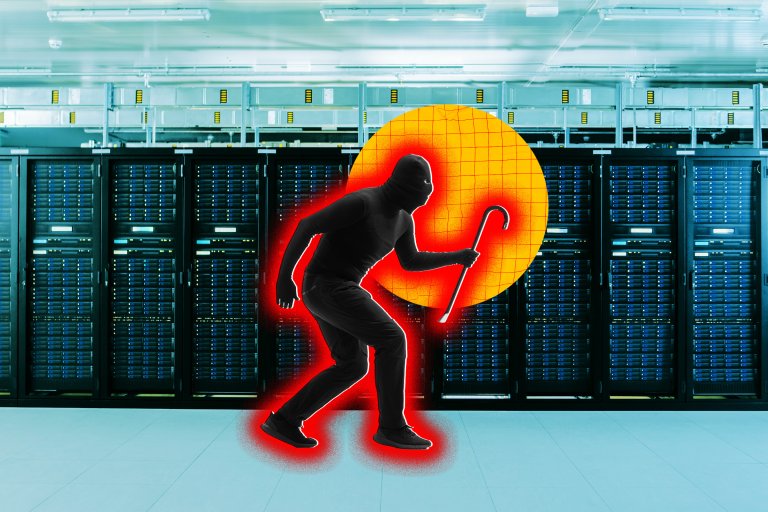 A comic composite photo illustration featuring a masked intruder with a crowbar inside a data center.