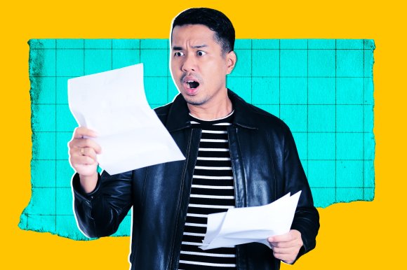 A photo illustration featuring a man looking at his electric bill with a shocked expression.
